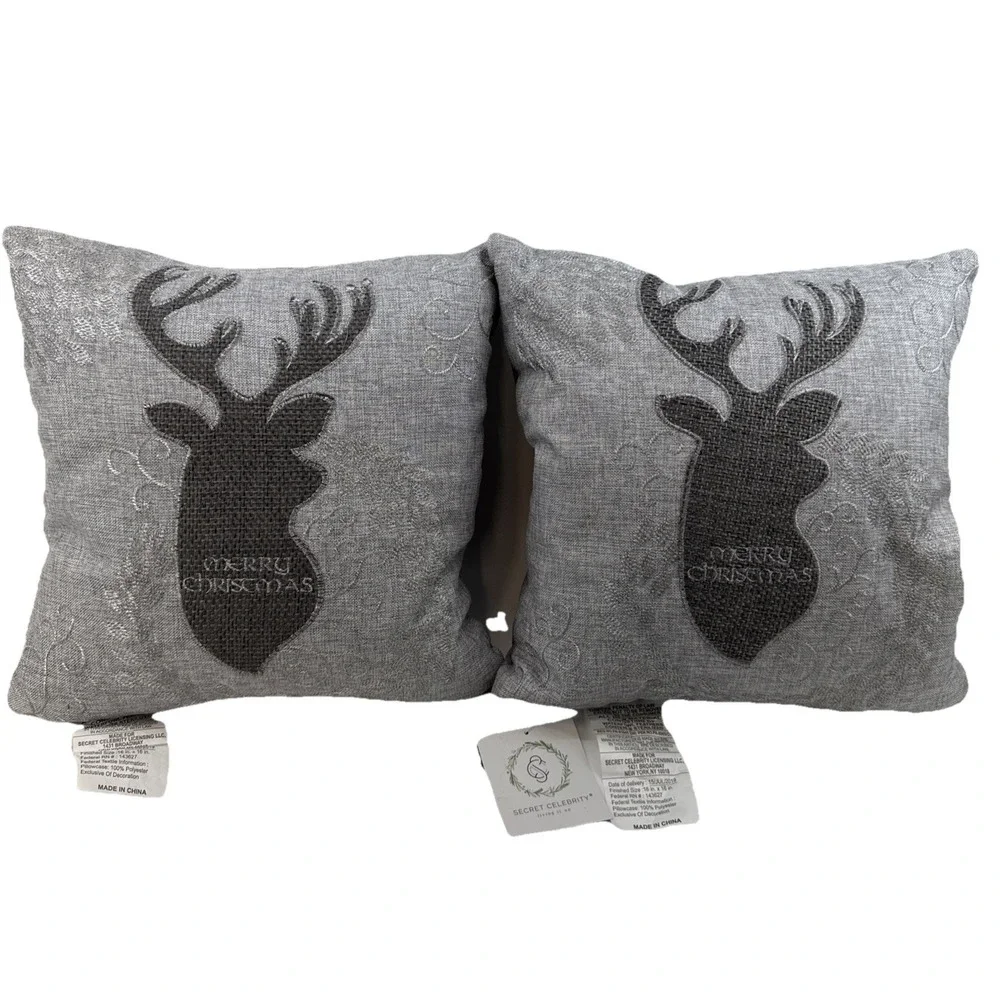 2-Secret Celebrity Merry‎ Christmas Gray Deer Embroidered Throw Pillows NWT